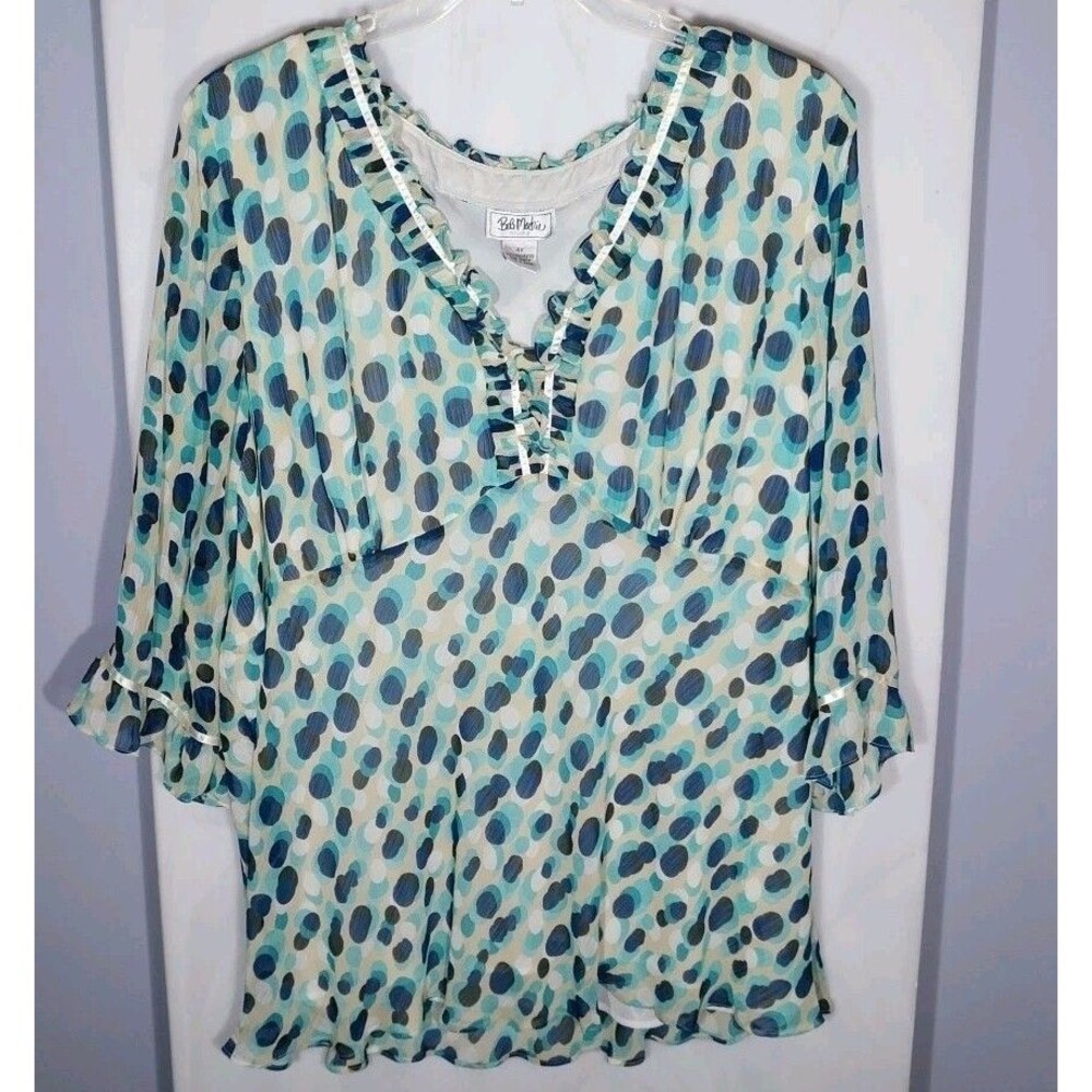 Bob Mackie 4X Plus Polka Dot Sheer Chiffon Blouse Ruffle Boho Top